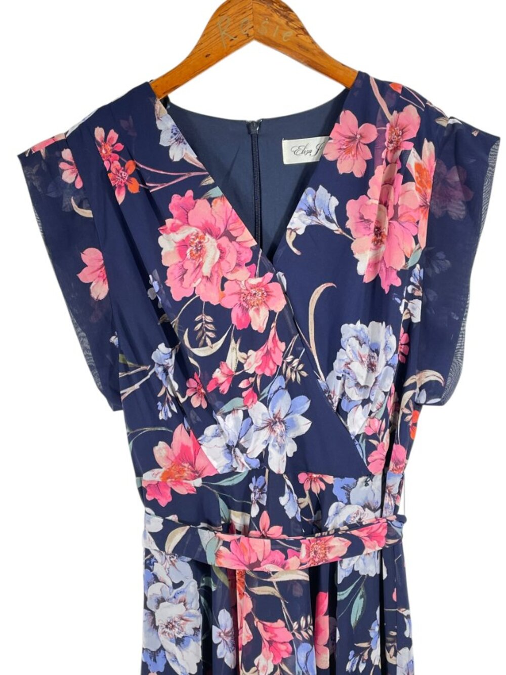 Eliza J Navy Floral Chiffon Wrap Maxi Dress Belted Size 8 Petite - Picture 7 of 15